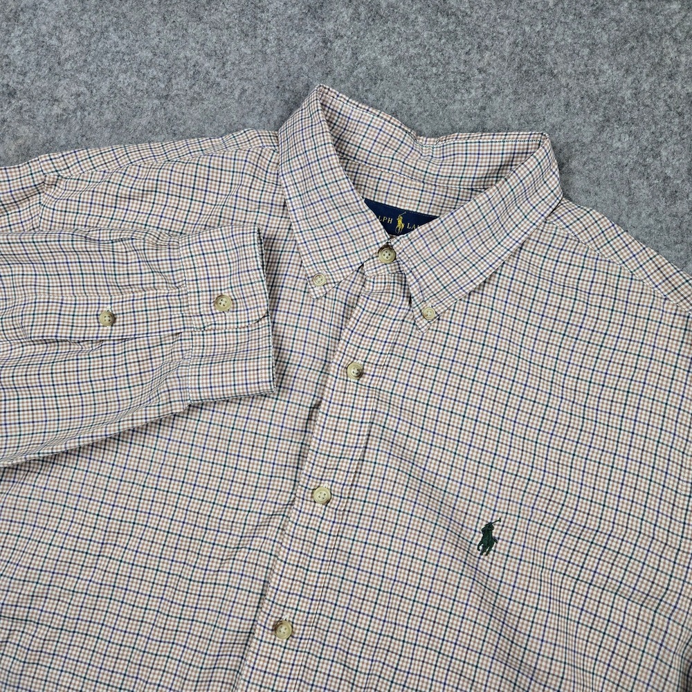 Ralph Lauren Button Down Shirt Mens XXL Tan Plaid Pony Logo Classic Preppy‎